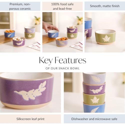 Image of Nestasia Ceramic Snack Bowl Set of 4 (180ml Each) - Dishwasher & Microwave Safe Bowls for Serving Soup, Rice, Dal, & Salad | Monsoon Leaf Printed Bowls with Matte Finish - Ideal for Gifting