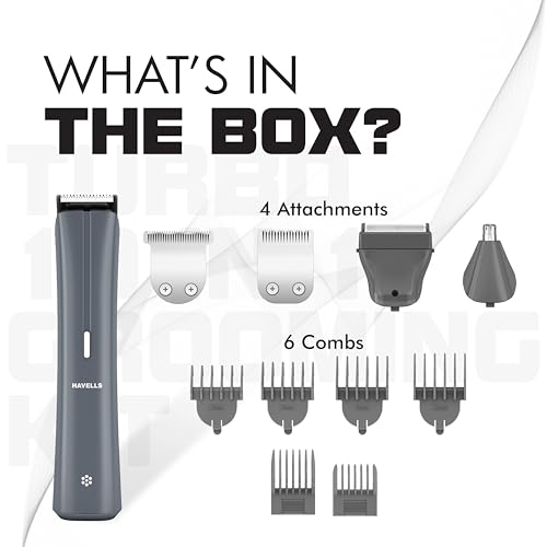 Image of Havells Turbo 10 In 1 Grooming Kit | Hair Trimmer,Face, Ear & Nose |No Nicks & Cuts |LED Indicator| Upto 90 Min Quick Charge| 2 Year Guarantee| GS6110 (Grey)