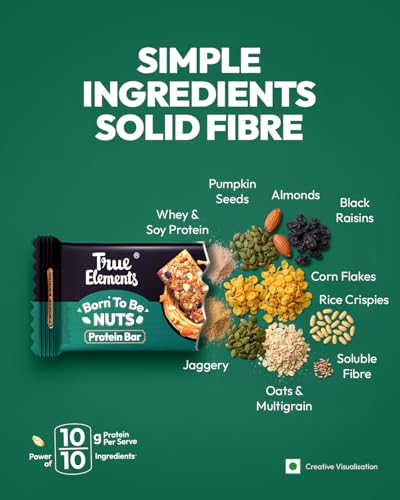 Image of True Elements Born To Be Nuts Protein Bar 50gm - Crunchy Protein Bar | 10g Protein + 7g Fibre | Sweetened with Jaggery | Healthy Protein Snack