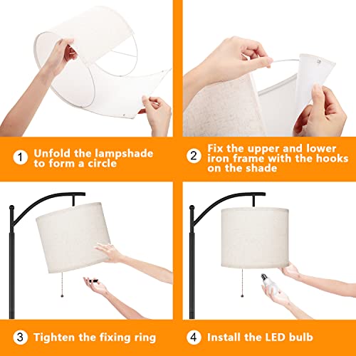 Joofo Floor Lamp With Pull Chain Switch - Standing Floor Lamp With 9W Led Bulb And Fabric Linen Lamp Shade, 3 Color Temperatures Arc Floor Lamp For Bedroom And Living Room,Dorm,Office,Upgraded Version #TOP6