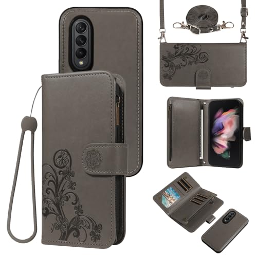 Étui Samsung Galaxy Z Fold 3 5G Asuwish avec fermeture éclair magnétique et porte-cartes fleuri