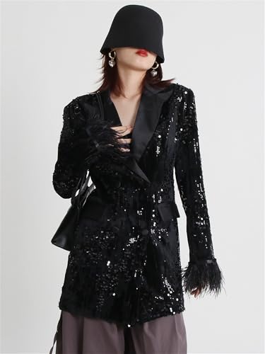 Women's Sequin Jacket Blazer Glitter Sparkly Long Sleeved Feather Slim Coat with Pocket Long Blazers3