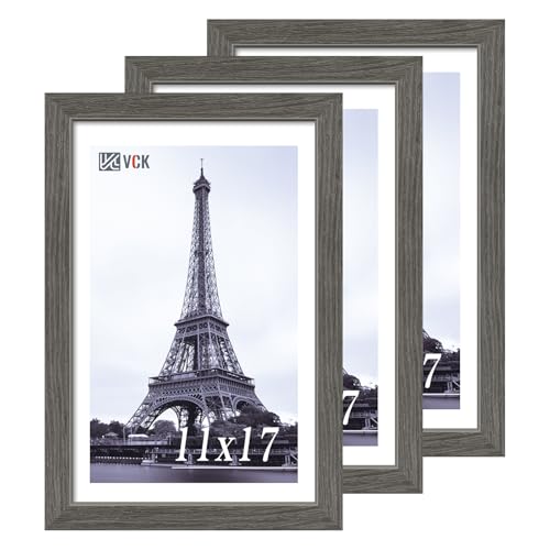 Image of VCK 11x17 Picture Frame Set of 3, Gray Grey Wood Frames, Gallery Wall Decor Photo Frames for Wall Mounting Horizontally or Vertically
