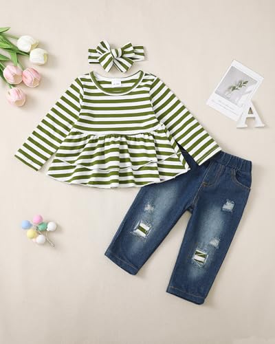 Image of Baby Girl Clothes Toddler Girls Winter Outfits Infant Clothing Ruffle Top Denim Pants Jeans Cute Fall Outfit Set