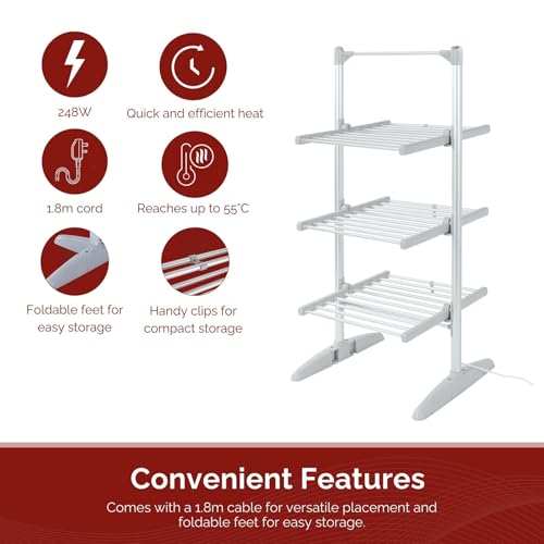 Rediffusion Heated Clothes Airer with Cover, Compact 3-Tier Design, 30 Heated Rails, 14m Drying Space, 24kg Weight Capacity, Indoor Airer, Energy Efficient, 130 x 58 x 62cm, Silver - RED248 - Image 6