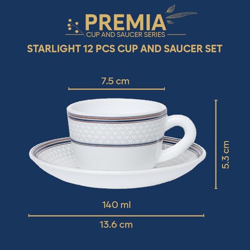 Image of Larah by BOROSIL 140ml Opalware Starlight Tea /Coffee 6pc Cup & 6pc Saucer Set, Microwave & Dishwasher Safe Embossed Design Crockery Set Ideal for Daily Use & Gifting