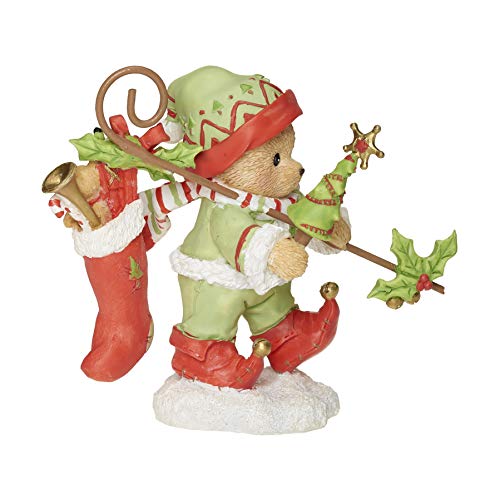 Roman Cherished Teddies, Peter Elf with Holly Stuff Figure, 4" H, Resin and Wollastonite, Durable, Collectible Decoration, Decorative, Home Decor