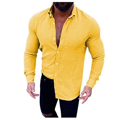 Casual Shirts Long-Sleeved Men - Dress Shirts Solid Shirt Button Down Shirt Beach Shirts Tops Lightweight Walking Hiking Shirt Slim Fit Outdoor Shirts Tops Holiday Shirt Everyday Wear Yellow