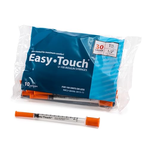 Image of Easy Touch 30 Gauge U-100 Insulin Syringes (30G 1cc 1 /2 inch) with 1 /2 inch Long Needle, 1cc (100 Unit Capacity), Bold Markings for Accurate Dosing, Disposable, Box of 100