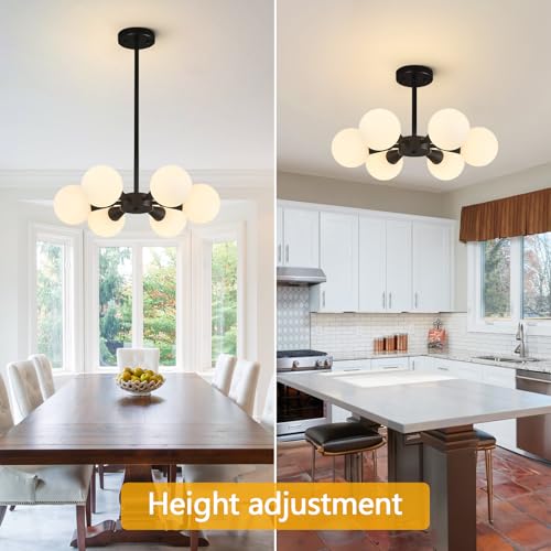 Image of Modern Ceiling Light with Milk White Glass lampshade Black Semi Flush Mount Ceiling Light Fixture Sputnik Chandelier for Bedroom Living Room Dining Room Foyer Hallway(6-Lights)