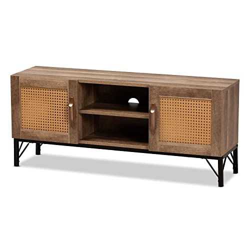 Baxton Studio Veanna Bohemian Natural Brown Finished Wood And Black Metal 2-Door Tv Stand With Synthetic Rattan #TOP17