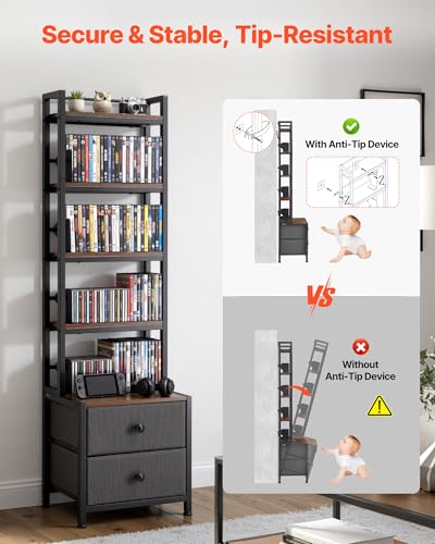 VEVOR-Media-Storage-Cabinet-4-Shelf-DVD-Shelf-Organizer-with-Drawers-1575-x-1181-x-5650-in-Multimedia-Storage-Organizer-for-CDs-DVDs-Books-and-Games-CD-Cabinet-for-Living-Room-Home-Office