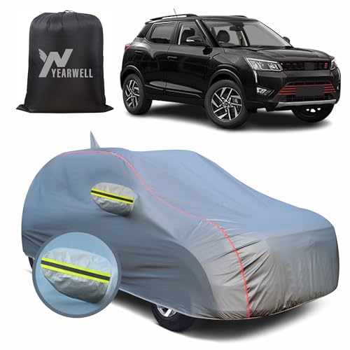 Image of Car Body Cover for Mahindra Xuv 300, 100% Waterproof, Heat-Resistant with Mirror & Antenna Pockets, Soft Cotton Lining, Triple Stitched, Green Reflector (Metallic Grey)