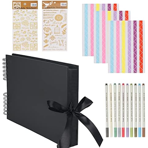 LISSUDA 16 Pcs Scrap Books for Adults 80 Pages Black Photo Scrapbook Album Metallic Pens and Photo Corner Stickers DIY Gift Scrapbooking Kits for Wedding Memories Birthday Baby Pregnancy Photo Albums Cover