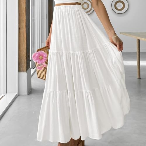 Women’s Summer Boho Elastic High Waist Maxi Skirt Pleated A-Line Flowy Swing Ruffle Tiered Long Beach Skirt Dress2