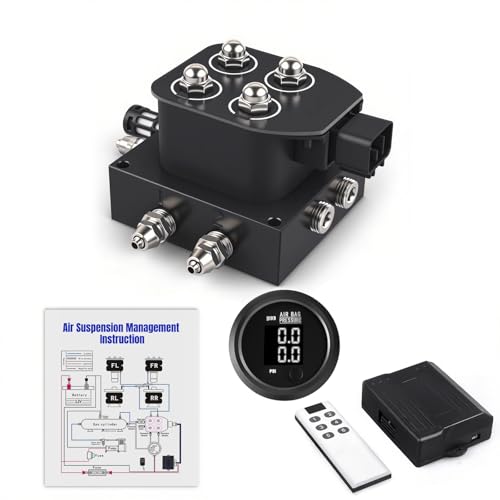 CNWZYMX 12V Air Management Featuring 4-Valve Air Ride Suspension Manifold with Remote Controller 0-200psi and Dual-Way White Display Air Pressure Gauges
