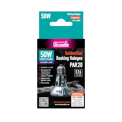 Arcadia Golden Sun Basking Halogen Lamp 50W Mid Beam Infrared Reptile Heat Lamp Bulb for Bearded Dragons Tortoises Iguanas and Turtle Tanks Long Lasting Easy to Use Indoor Heat Bulb for Reptiles