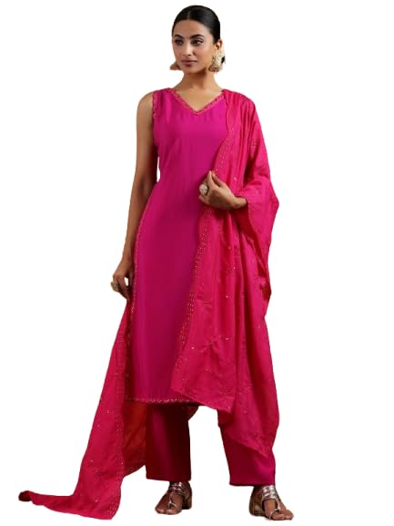 gerua by libas Embroidered Silk Blend Straight Kurta With Trouser and Dupatta-picture-36