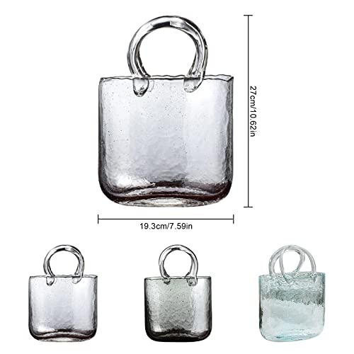 Hand Blown Glass Vase with Unique Design, Clear Purse Shape Flower Vase Handbag Shaped Fish Bowl Vase with Handles for Floral Arrangement, Centerpiece & Home Decor (Vase Only)
