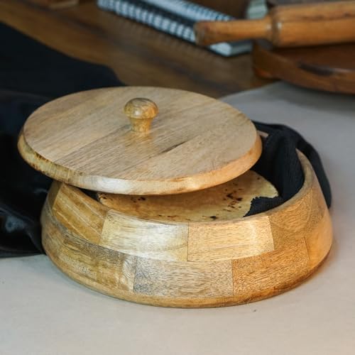 Image of Sanjeev Kapoor By OGGN Mango Wood 9 x 9 x 3 Inch, Casserole for Roti Hot Case | Wooden Roti Box | Hot Case Casserole | Big Chapati Storage Box for Home & Kitchen - Premium Wood Elegant Design