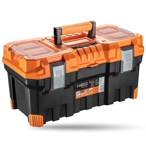 NEO TOOLS Werkzeugkasten 22 / 55 4×28 6×27 6 cm große Werkzeugbox aus Kunststoff mit Deckel-Organizer Einsatz & Tragegriff Profi Werkzeugkoffer Aufbewahrung für Werkstatt & Garage