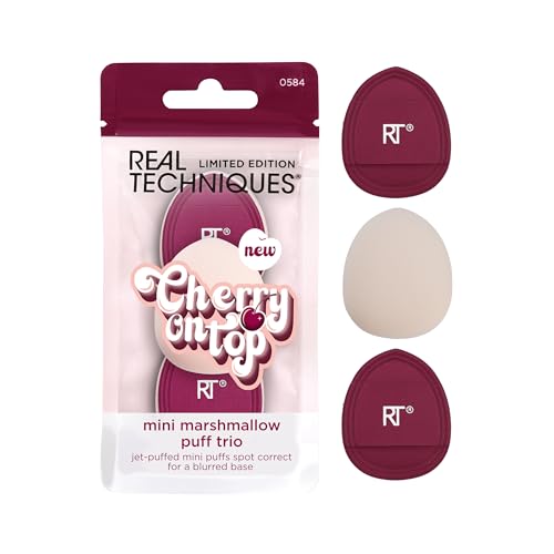 Real Techniques Cherry On Top Mini Marshmallow Puff Trio, Mini Makeup Puffs For Concealer & Foundation, Spot Correcting & Blending, Dry Use Beauty Sponge, Travel Size, Vegan & Cruelty-Free, 3 Count