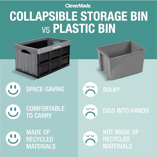 CleverMade Collapsible Storage Bins 62L (3-Pack) – Heavy Duty Collapsible Plastic Storage Bins, Large Stackable Folding Storage Bins for Garage, Car, Grocery & Home Organization - Stone by CleverMade - Image 3