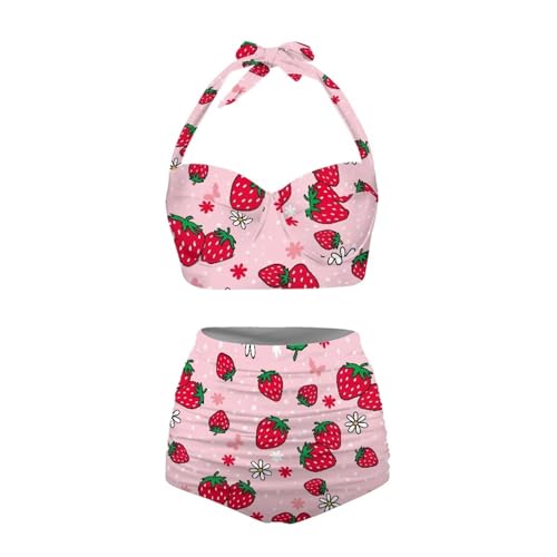 Yuuxorilu Conjunto de Bikini de Dos Piezas de Cintura Alta para Mujer, Bikini de Cintura Alta con Parte Inferior, Estampado de Fresa Rosa, M
