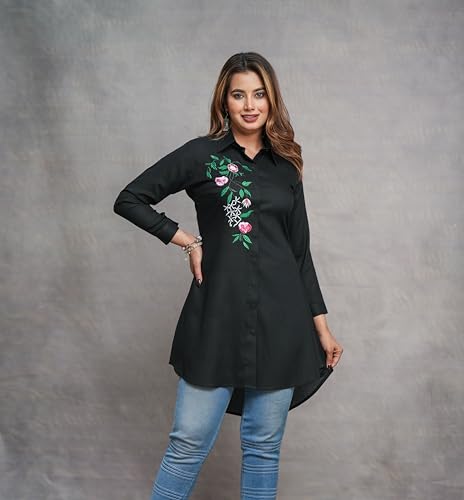 Image of Casual Full Sleeve Hand Embroidery Rayon Women's Long Shirt