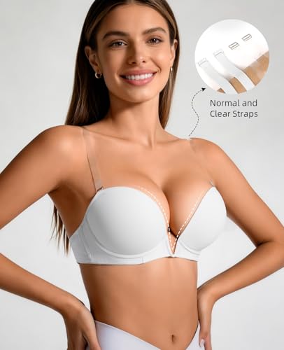 Image of YANDW Low Back Bra with Clear Straps and Back Deep V Plunge Push Up Low Cut Bras Underwire Add Two Cup
