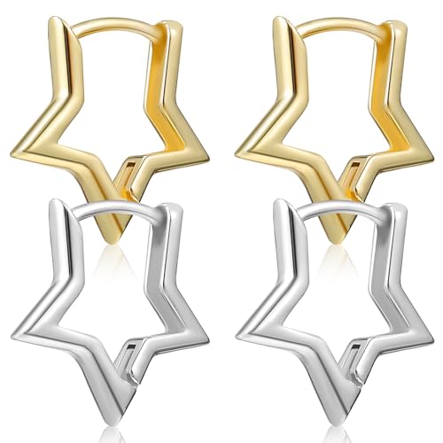 Mikikit Pendientes de Aro Pequeños Forma de Estrella de Cinco Puntas 2 Pares Color Dorado y Plateado Pendientes de Plata Sencillos para Mujer y Niña Accesorios Minimalistas para Uso