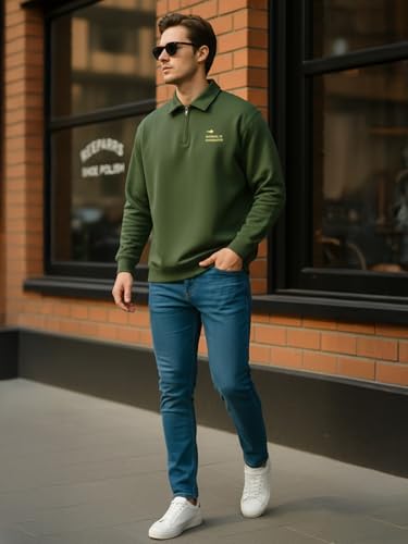 Image of Veirdo Men's Oversized Loopknit Cotton Zipper Polo Neck T-Shirt | Oversized Baggy Fit Full Sleeve Casual Streetwear Top Sizes: S-XXL
