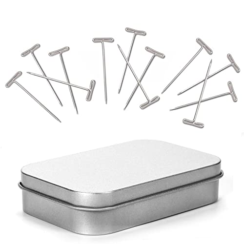 KUNWU SUS304 Real Stainless Steel 1-3/4 inch 200 Pieces Wig T-Pins for Knit & Lace Wet Blocking Modelling and Crafts with Metal Container