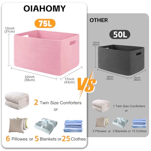Image of OIAHOMY 75L Large Blanket Basket Woven Storage Basket with Handle Pink