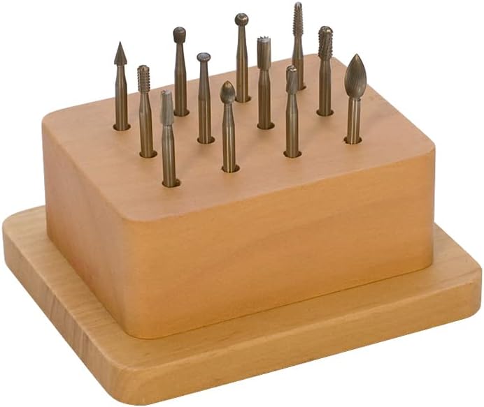 12-Piece Medium Swiss Wax Bur Set with Wooden Stand Jewelry Making Wax Wood Plastic Carving Cutting Rotary Tools