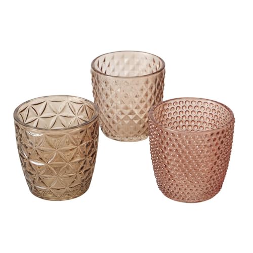 12tlg. Windlicht beige rosé Muster geriffelt aus Glas Reliefglas (4X 3 Motive)