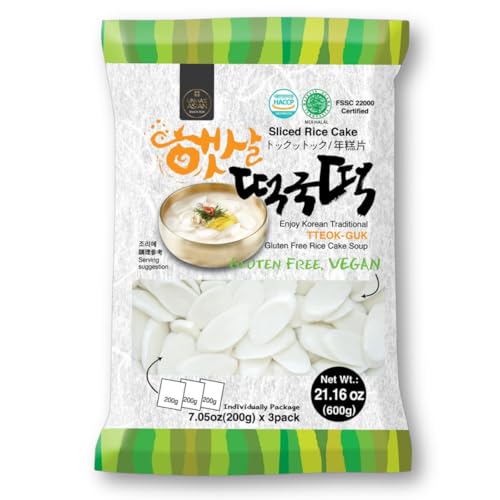 Korean Sliced Rice Cakes – Chewy Tteok for Tteokbokki and Tteokguk, Vegan, Gluten-Free, Non-GMO, 21.16 oz (3 x 7.05 oz Bags) (1 Pack)