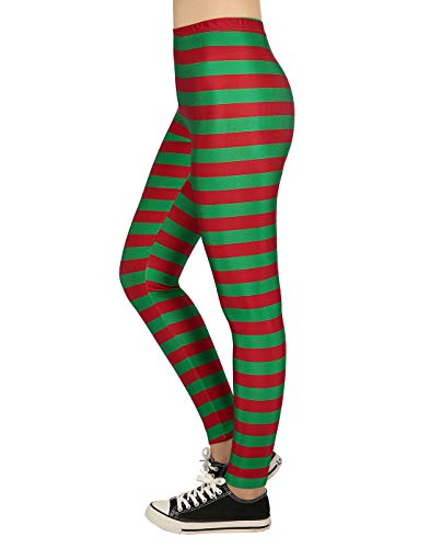 Women s Christmas Leggings Red Green Stripe Elf Pants Novelty Workout Tights