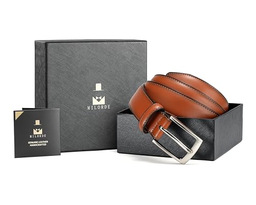 Image of MILORDE Men's Genuine Leather Dress Belt, Handmade, 100% Cow Leather, Fashion & Classic Designs for Work Business and Casual