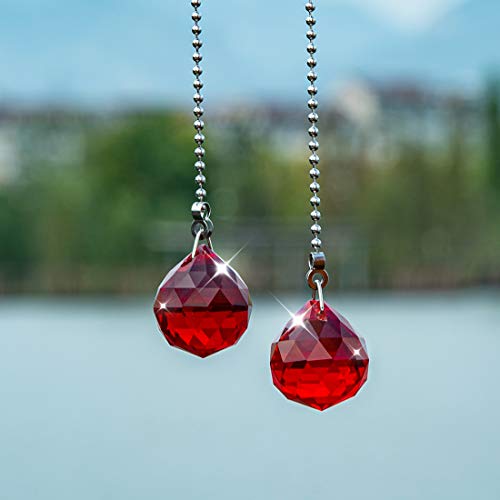 Image of Ceiling Fan Pull Chain, 2pcs 30mm Diameter Prism Ball Extension Chains with Decorative Light Bulb and Fan Cord (Red