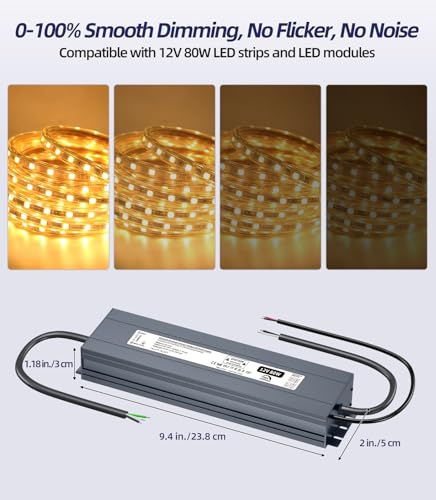 Image of Dimmable LED Driver, 12V 80W Triac Dimmable Power Supply, AC to DC Low Voltage Transformer, Compatible with Lutron and Leviton Dimmers, Waterproof IP67,Smooth Flicker Free Dimming for LED Strip Lights