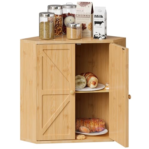 Trironsun Corner Bread Box for Kitchen Counter Double Layer Bamboo Bread Storage Container Large Capacity Bread Storage Bin Farmhouse Breadbox Organizer (Bamboo Natural)