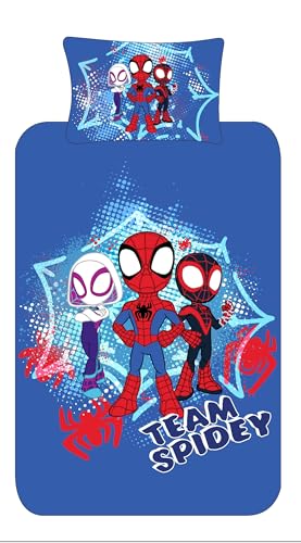 Spidey and His Amazing Friends Bedding Single Duvet Cover Set – Team Spiderman Bedding for Kids – Official Marvel – Polycotton – Spider-Man, Ghost-Spider & Miles Morales Boys Blue Reversible (Single)