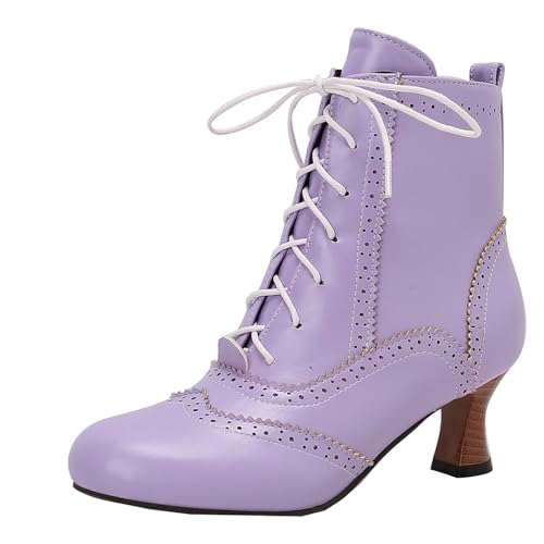 HSyc JRX Botines de mujer Tacón pequeño con cordones y cremallera Botas de invierno, morado, 34 EU