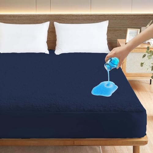 Image of LINENWALAS 100% Waterproof Premium Cotton Feel Mattress Protector|Breathable and Hypoallergenic Ultra Soft Queen Size Fitted Bed Protector Cover (72 inchx60 inch Fits Upto 10 Inches Mattress, Navy Blue)