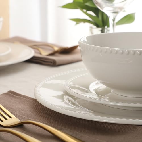 Image of Gibson Home Caviara Plates and Bowls Set, 12-Piece Dinnerware Set, White Round Beaded Rim Ceramic Dish Set, Dinner Plates, Salad Plates & Cereal Bowls