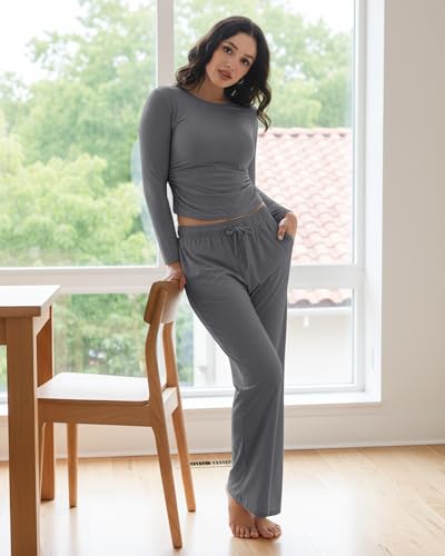 Image of ZOOSIXX Lounge Sets for Women - 2 Piece Outfits Crop Tops with Fold Over Flare Leggings Fall Loungewear Fitted Pajama