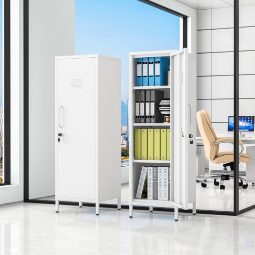 Image of pozdeg 47.24 inch White Lockable Small Metal Storage Locker | Employees Locker 1 Door & 3 Adjustable Shelves, Steel Cabinet for Employees, Home, School, Office & Gym