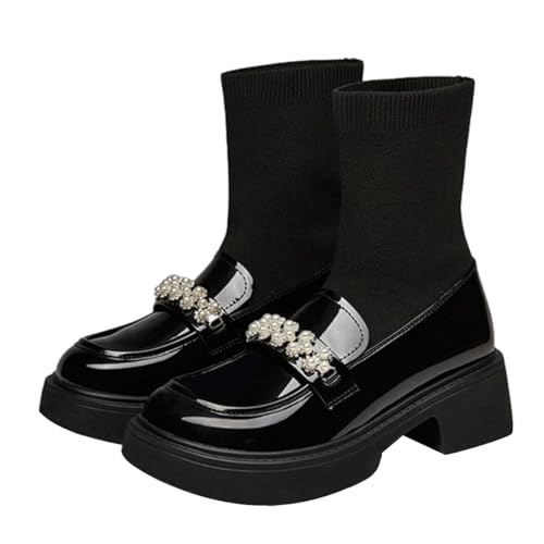 FOWT Women Platform Round Toe Ankle Boots Pearl Strap Chunky Low Heel Loafer Booties Elastic Calf Cute Dressy Shoes Size 4-16 US2