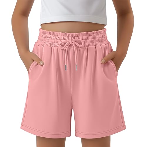 YooAurvox Girls' Shorts Kids Summer Ruffled Drawstring Casual Athletic Pants Teen Loose Sweat Shorts with Pockets 5-14 Years(Coral Pink,11-12 Years)